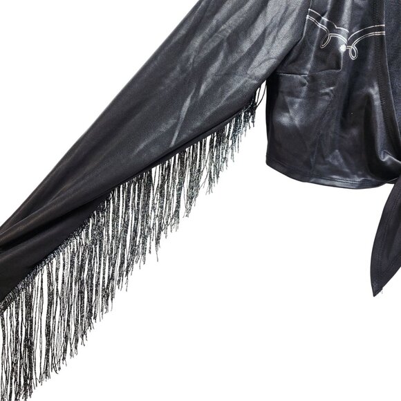 Forplay Womens Black Fringe Faux Leather Cropped Jacket Size L/XL - Picture 4 of 6